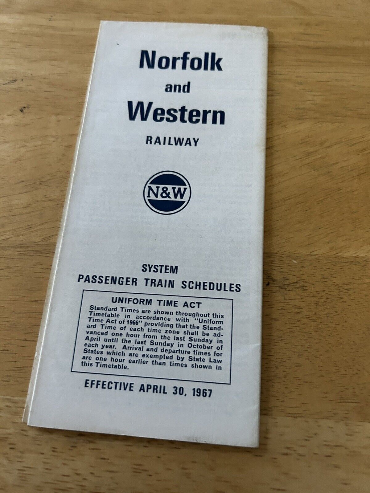RAILROAD TIMETABLE: NORFOLK & WESTERN RAILWAY TIME TABLE APRIL 30, 1967