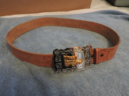 Leather Belt With Silver Buckle (Size 34) name TOM on the belt
