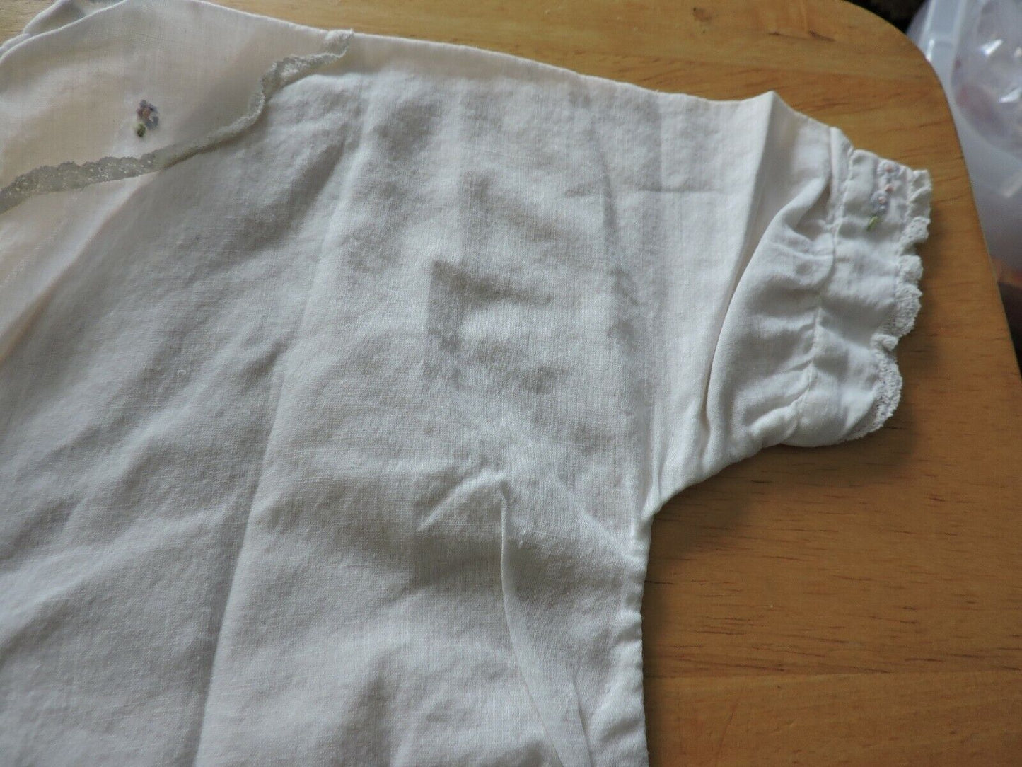 WHITE VINTAGE BABY GOWN-- WITH SLEEVES, SOME EMBROIDERING IN NECK AND BOTTOM