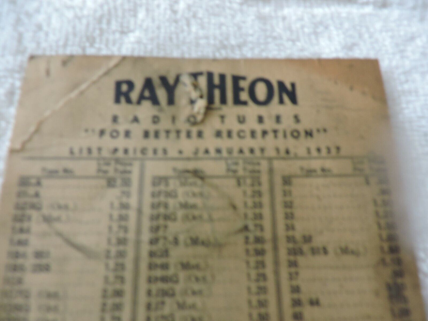 PRICE LIST FOR RAYTHEON RADIO TUBES JANUARY 16, 1937