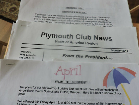 HEART OF AMERICA PLYMOUTH CLUB NEWS--VARIOUS NEWSLETTERS FROM 2010-2014 (18)