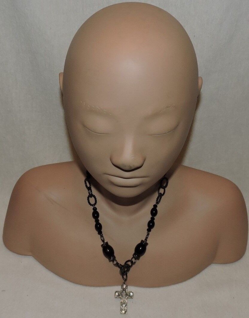 Vintage Black Beaded Cross Necklace