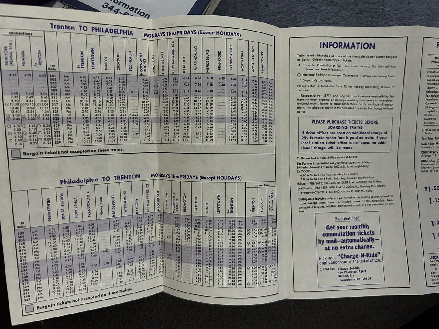 TIMETABLE: TRENTON-LEVITTOWN TORRESDALE PHILADELPHIA SEPTA COMMUTER 1978