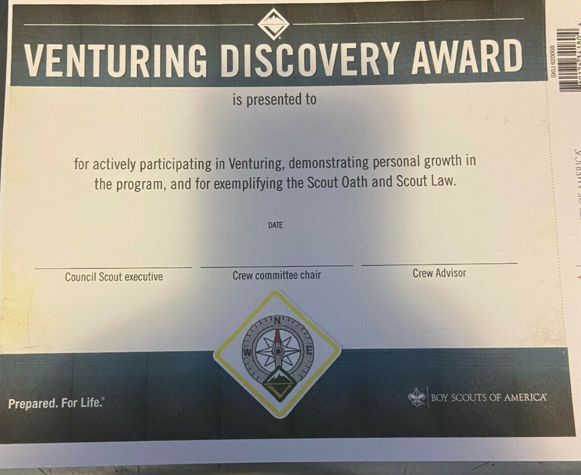 BSA Venturing Program: Discovery Rank Patch & Certificate Set