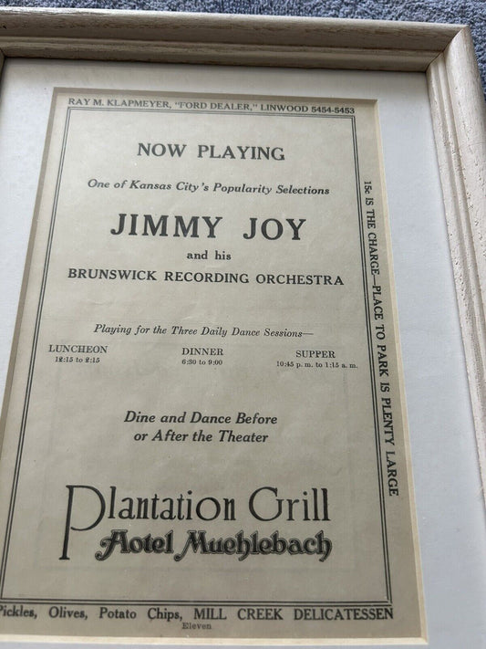 VINTAGE ADVERTISING PIECE FOR: JIMMY JOY & ORCHESRA IN THE PLANTATION GRILL