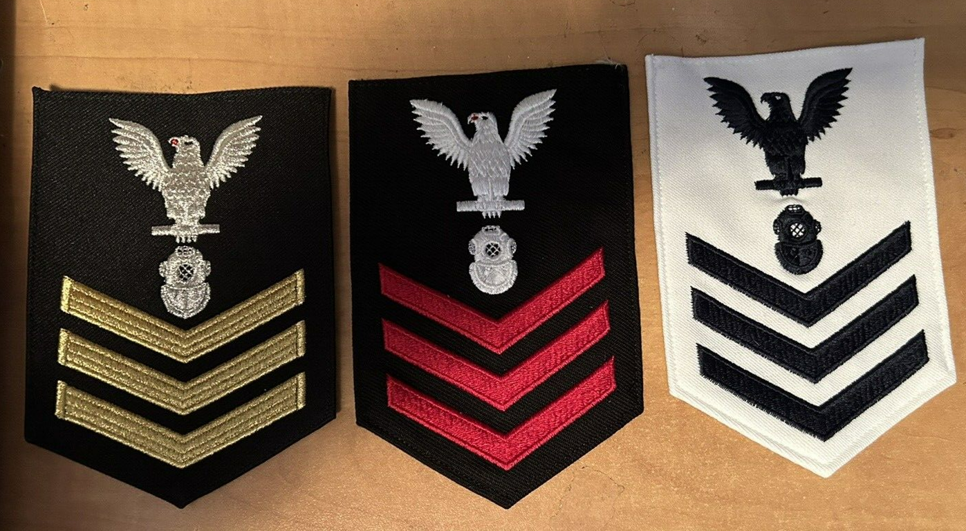 1st Class Petty Officer: Navy Diver Rating Patches: Blue/White/Gold Set