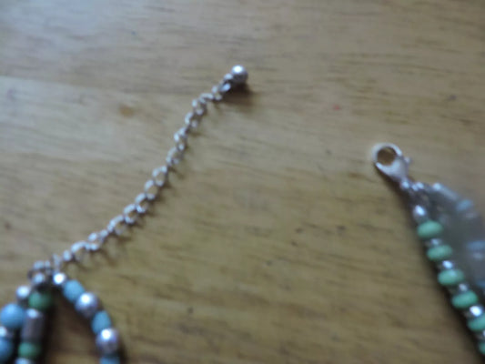 BLUE/SILVER BEADED NECKLACE WITH 5 CRUCIFIXES