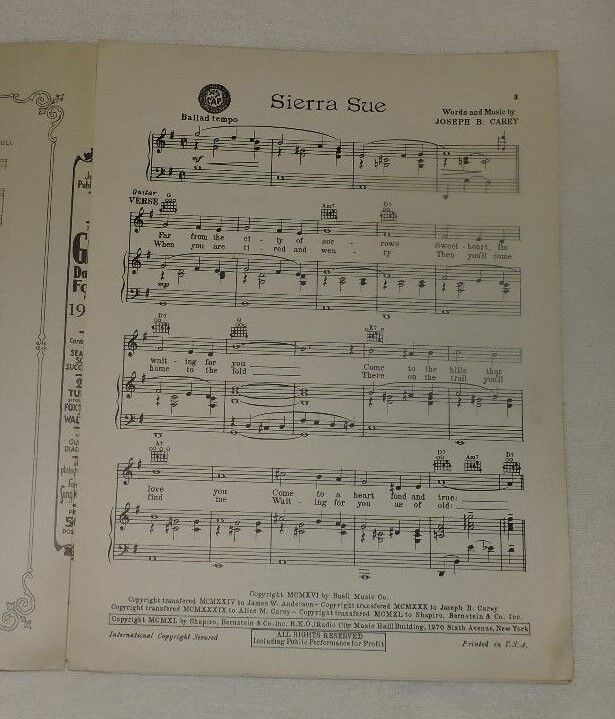 Sierra Sue Piano Sheet Music 1940