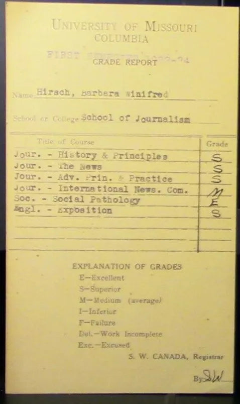 1933-1934 University of Missouri Grade Report (School of Journalism)