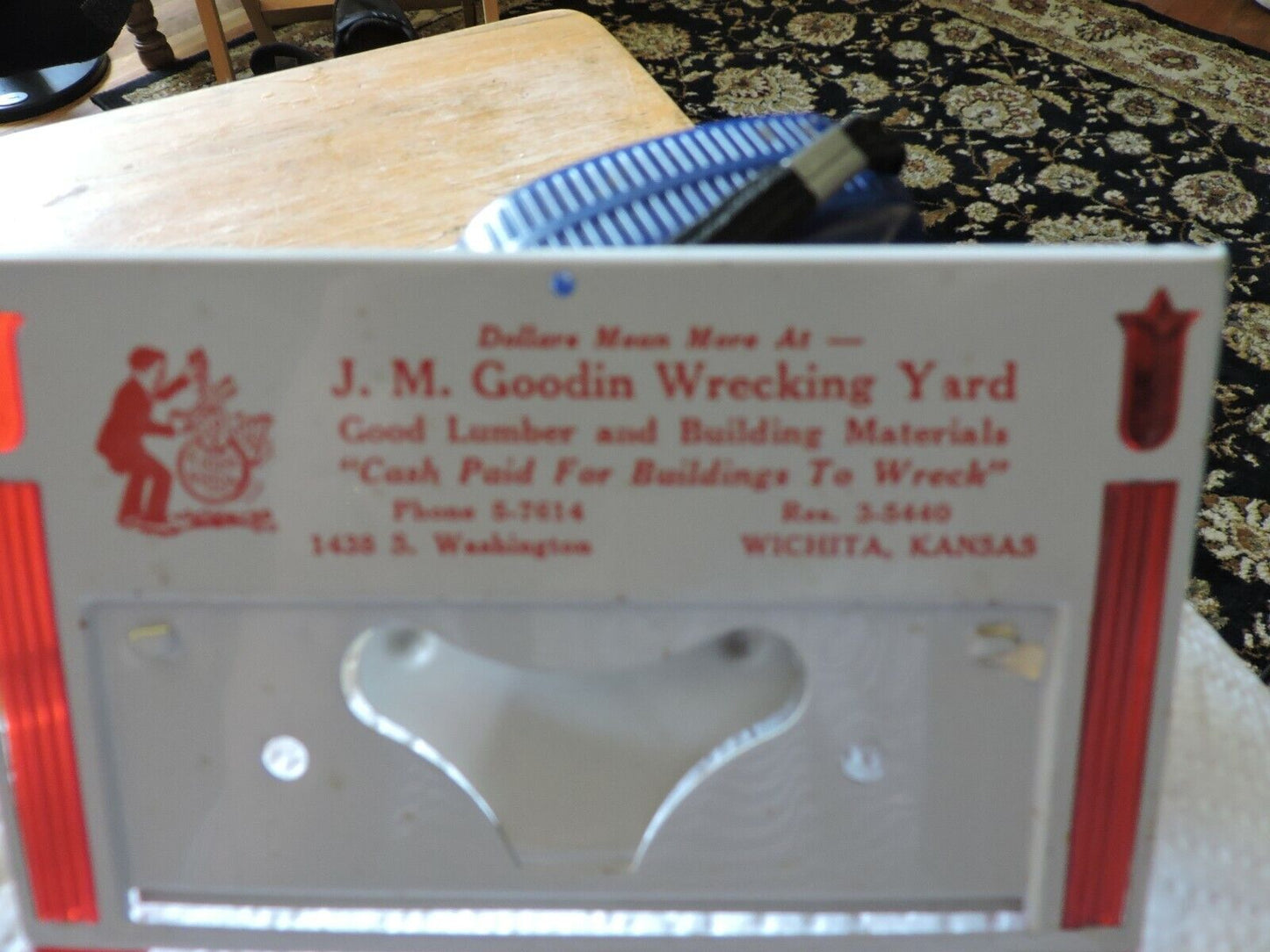 J.M. GOODIN WRECKING YARD WICHITA KANSAS--- CALENDAR TIN HOLDER 5X3 INCHES