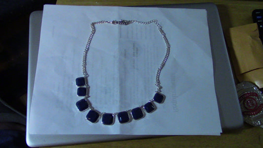 Beautiful Necklace: Blue Stones inlaid into Silver Necklace (20" End to End)