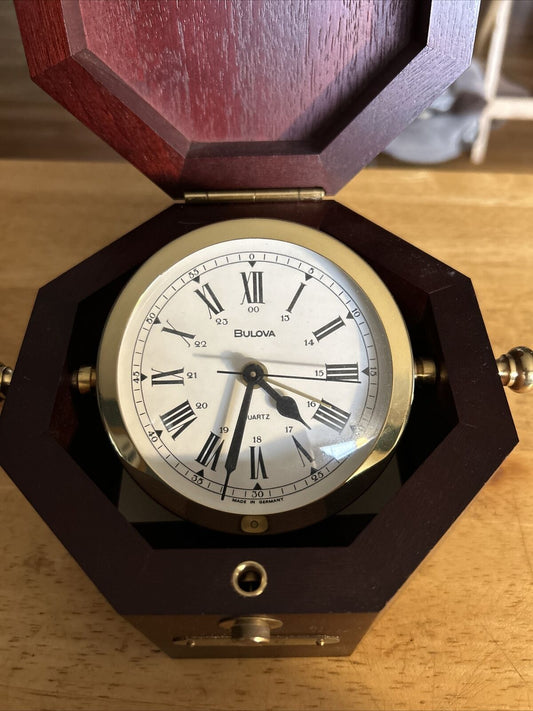 German Desk  Clock in Box      box:  5.5x 5.5x 4 inches   clock:3.5 inches round