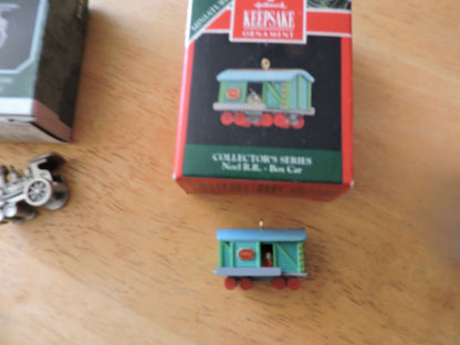 HALLMARK KEEPSAKE ORNAMENTS--LOCOMOTIVE, BOX CAR, GIFT CAR
