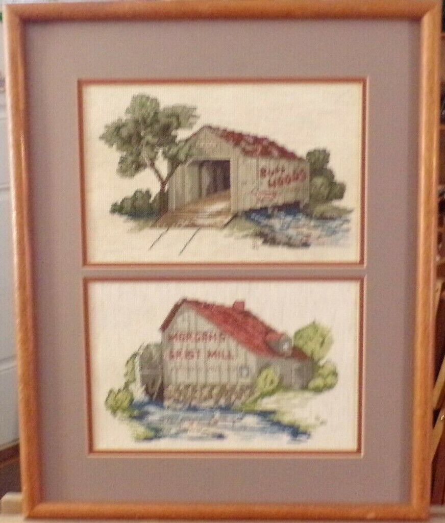 Framed (17" X 21") Needlepoint Art: Bull Woods Tobacco / Morgans Grist Mill 1986