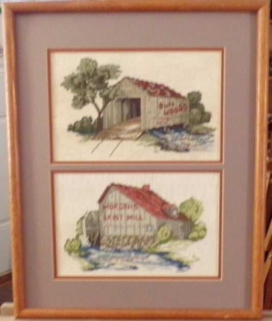 Framed (17" X 21") Needlepoint Art: Bull Woods Tobacco / Morgans Grist Mill 1986