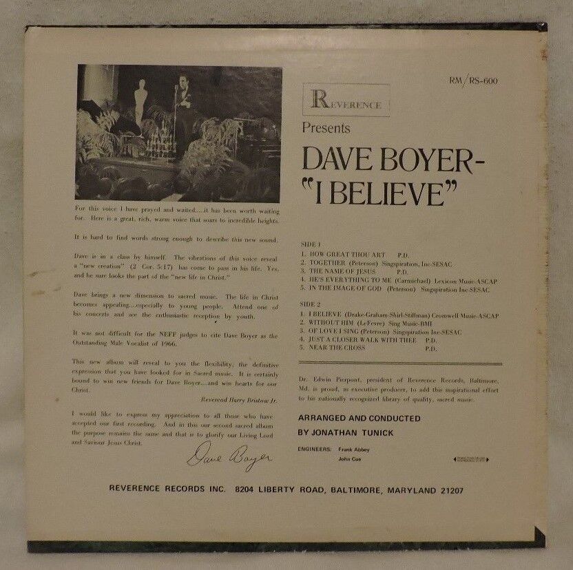 Reverence Presents: Dave Boyer - "I Believe" Vinyl Album 1966