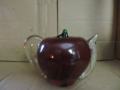 GLASS RED APPLE WITH GREEN LEAF TEAPOT SHAPE  PAPER WEIGHT