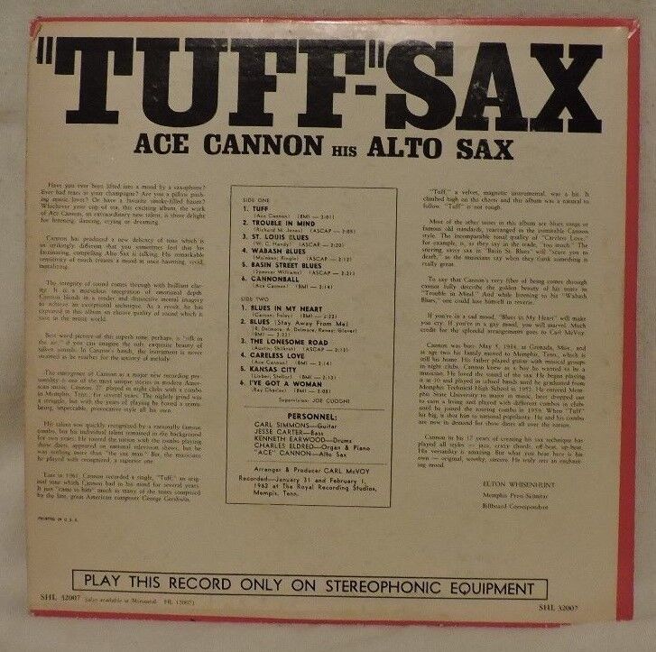 "Tuff-Sax" Ace Cannon His Alto Sax Album 33 1/3 RPM (Recorded 1962)