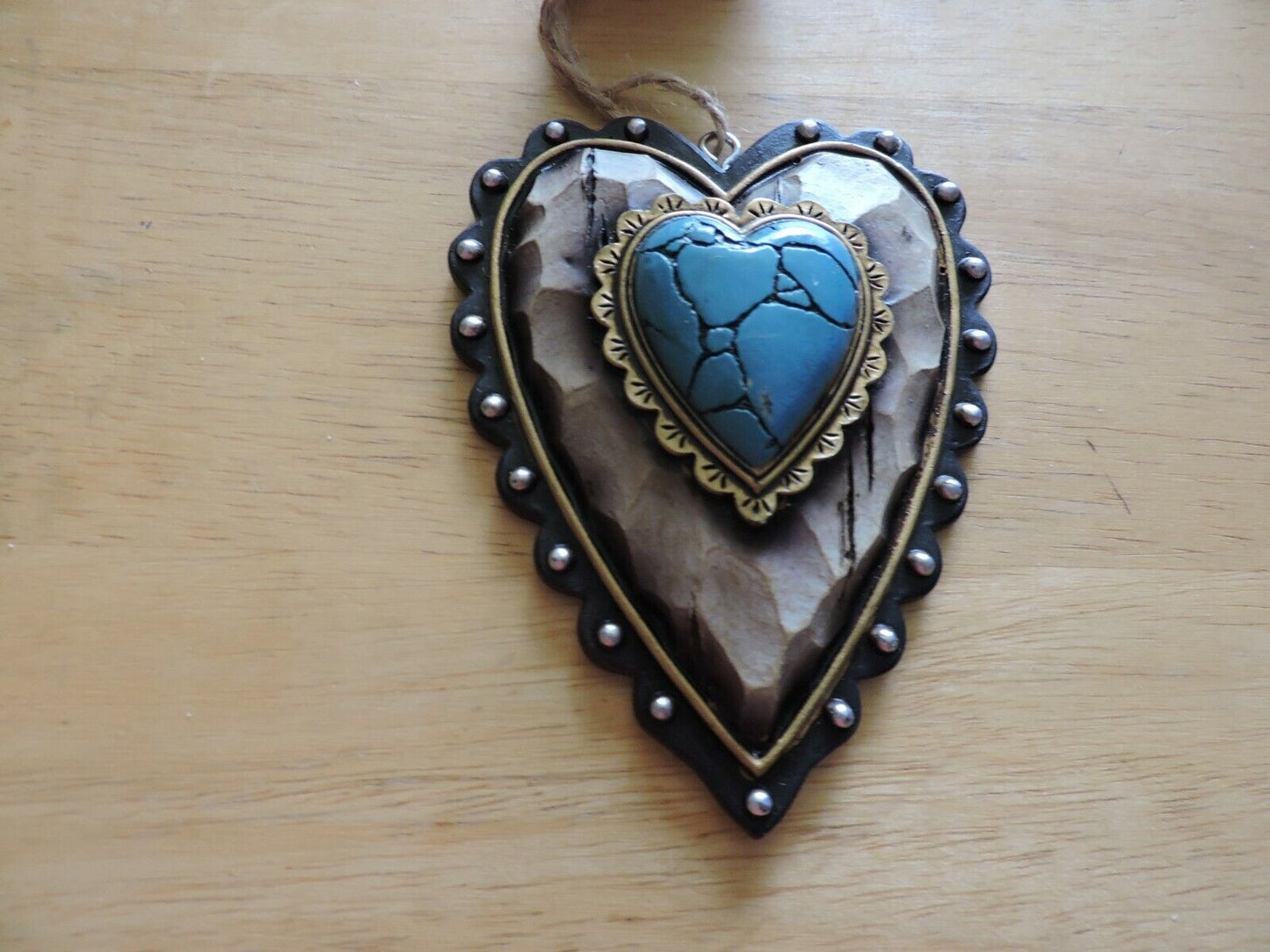 WOOD HEART SHAPE ORNAMENT WITH TURQUOISE HEART SHAPE STONE 4X3 INCHES  2014
