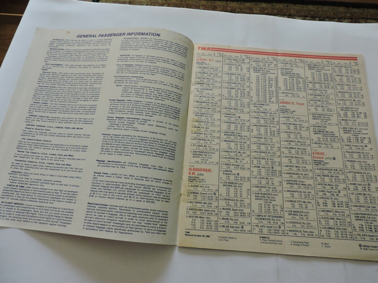 TWA  TIMETABLE    OCTOBER 26-NOVEMBER 30,1980