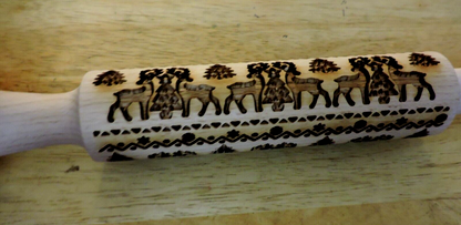 WOODEN EMBOSSED ROLLING PIN (14X1.5 INCHES) REINDEER/TREE DESIGN