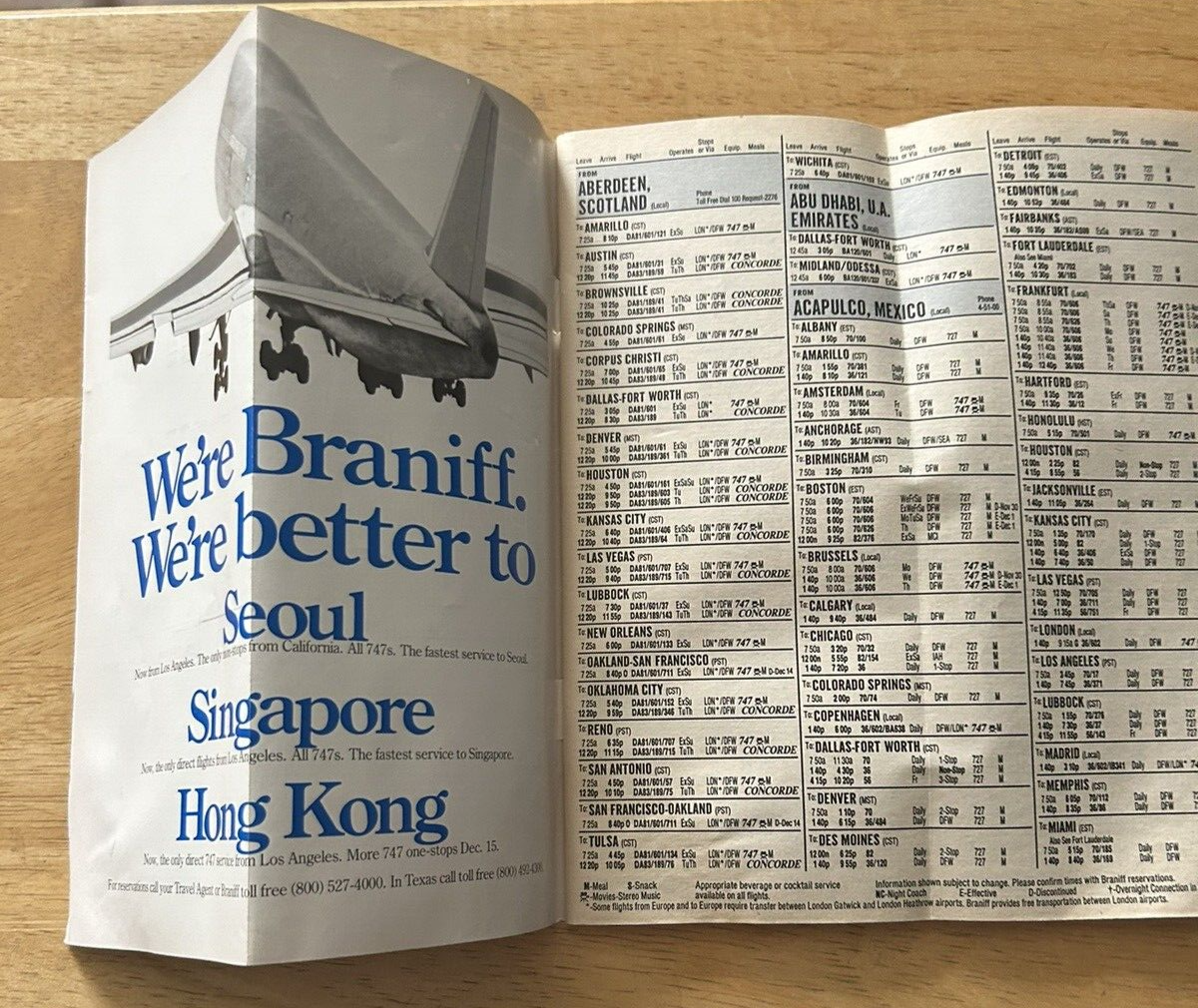 BRANIFF--SCHEDLES OCTOBER 28,1979 747 SERVICE BETWEEN LOS ANGELES AND SINGAPORE