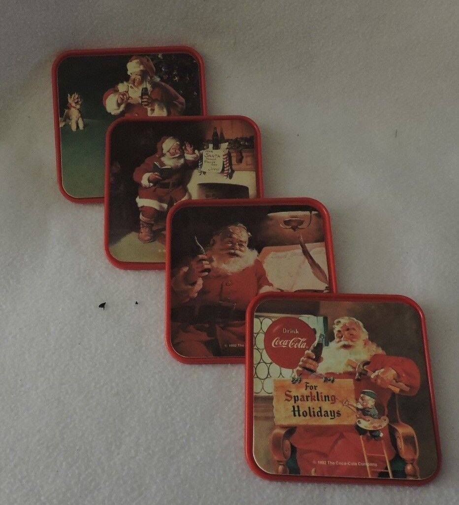 4 Plastic Coca-Cola 4" Santa Themed Coasters