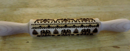 WOODEN EMBOSSED ROLLING PIN (14X1.5 INCHES) REINDEER/TREE DESIGN