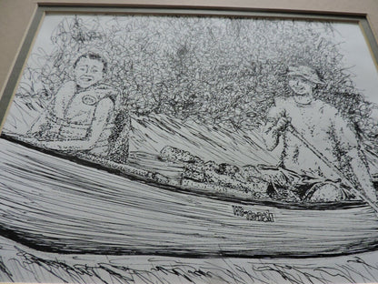 ART  PRINT:   MAN  AND BOY IN CANOE,  MATTED,  ARTIST UNKNOWN