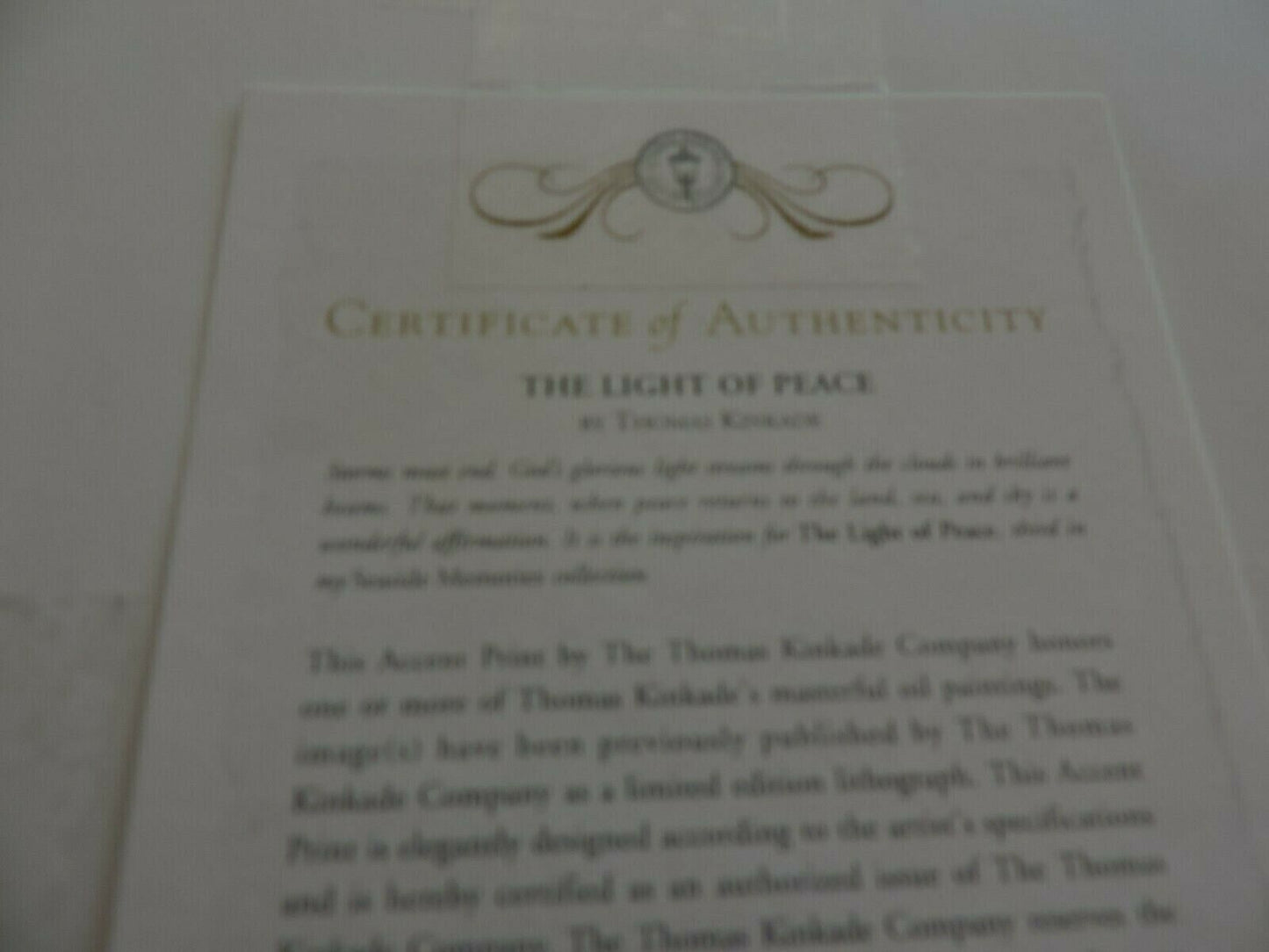THE LIGHT OF PEACE BY THOMAS KINKADE PRINT 2006  10X8