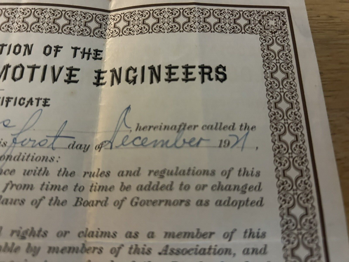 PENSION ASSOCIATION OF THE BROTHERHOOD OF LOCOMOTIVE ENGINEERS CERTIFICATE 1921