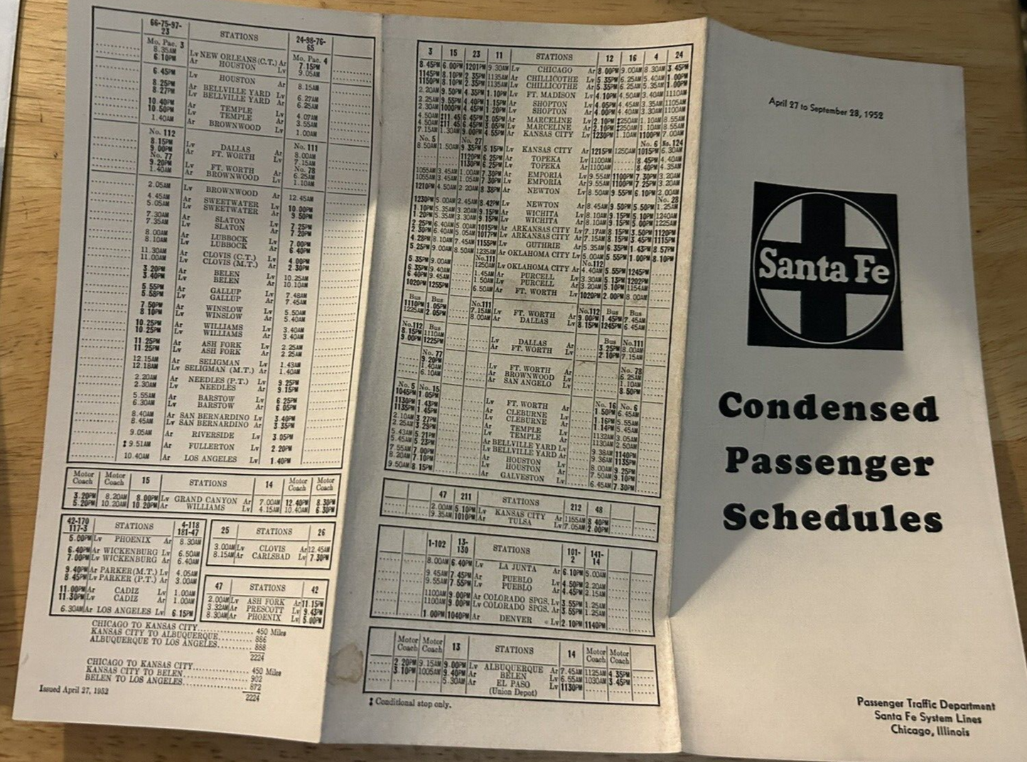 SANTE FE CONDENSED PASSEGER SHEDULES  SEPTEMBER 28, 1952
