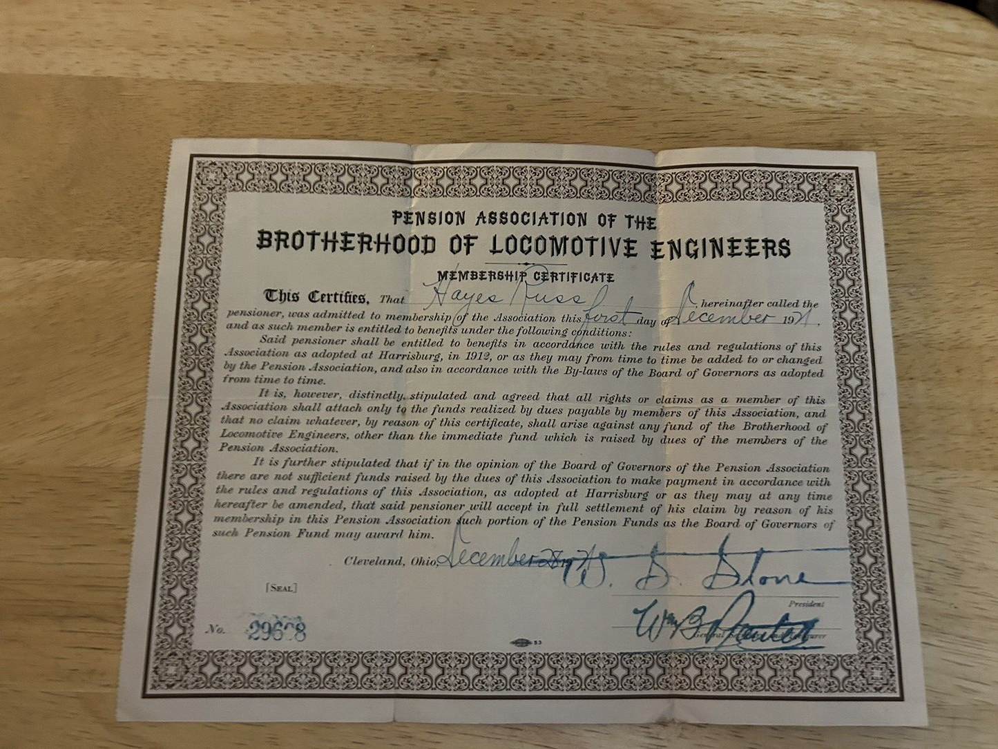 PENSION ASSOCIATION OF THE BROTHERHOOD OF LOCOMOTIVE ENGINEERS CERTIFICATE 1921