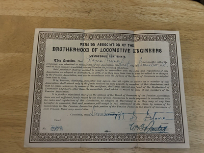 PENSION ASSOCIATION OF THE BROTHERHOOD OF LOCOMOTIVE ENGINEERS CERTIFICATE 1921