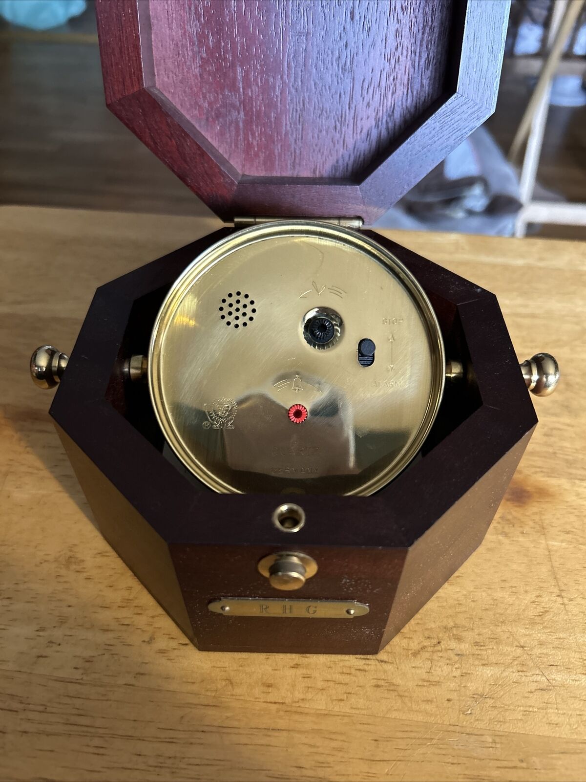 German Desk  Clock in Box      box:  5.5x 5.5x 4 inches   clock:3.5 inches round