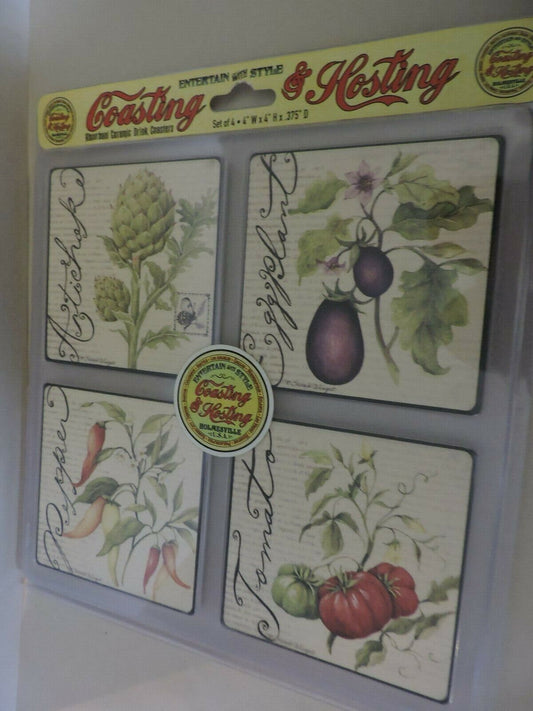Package of 4 "Coasting and Hosting" Ceramic Coasters: Vegetables