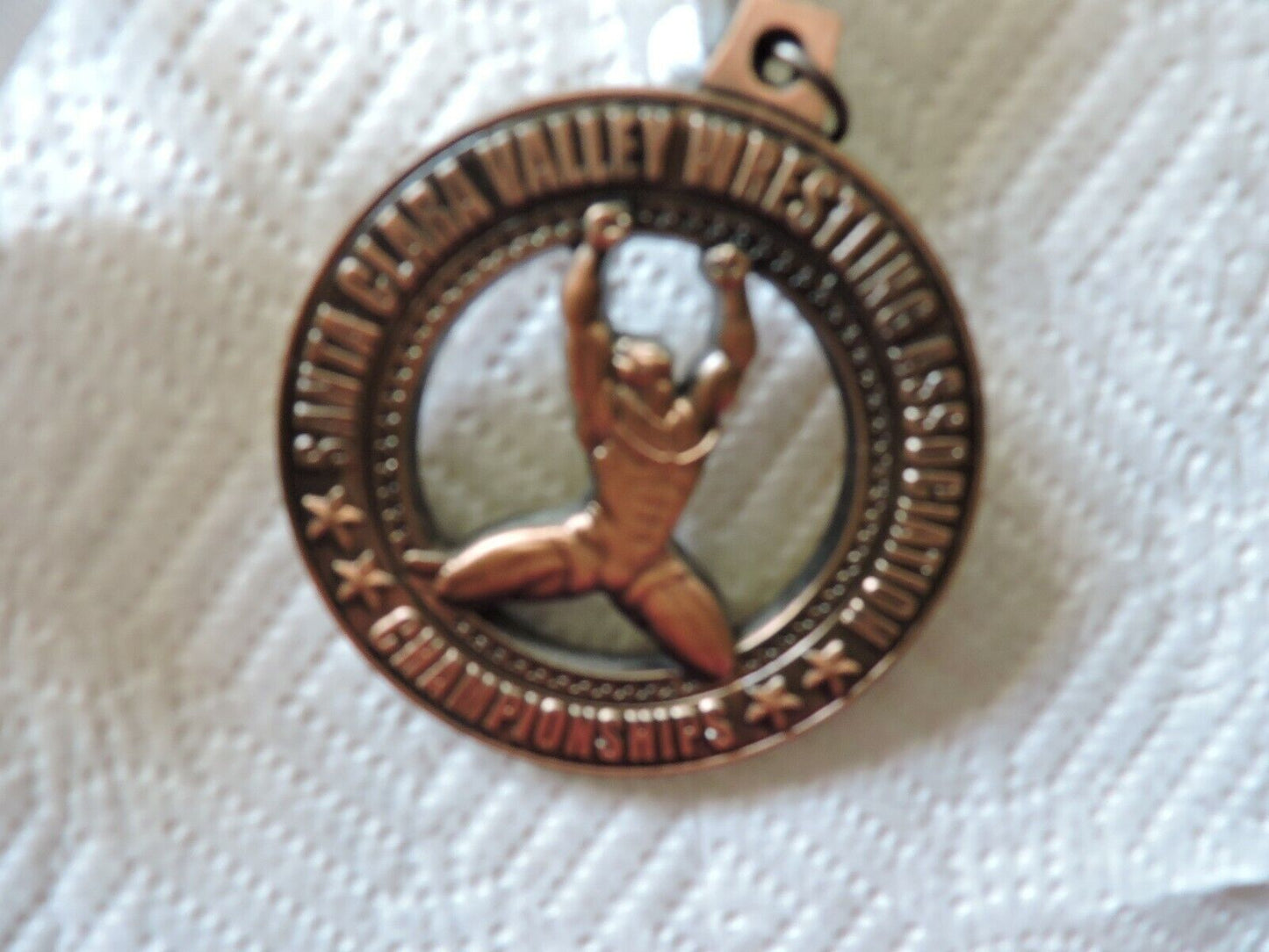 SANTA CLARA VALLEY  WRESTING ASSOCIATION CHAMPSHIP ROUND MEDAL ON WHITE RIBBON
