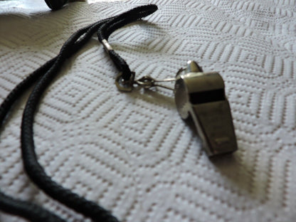 VINTAGE BRASS WHISTLE (WINDSOR CLARION) WITH BLACK LANYARD