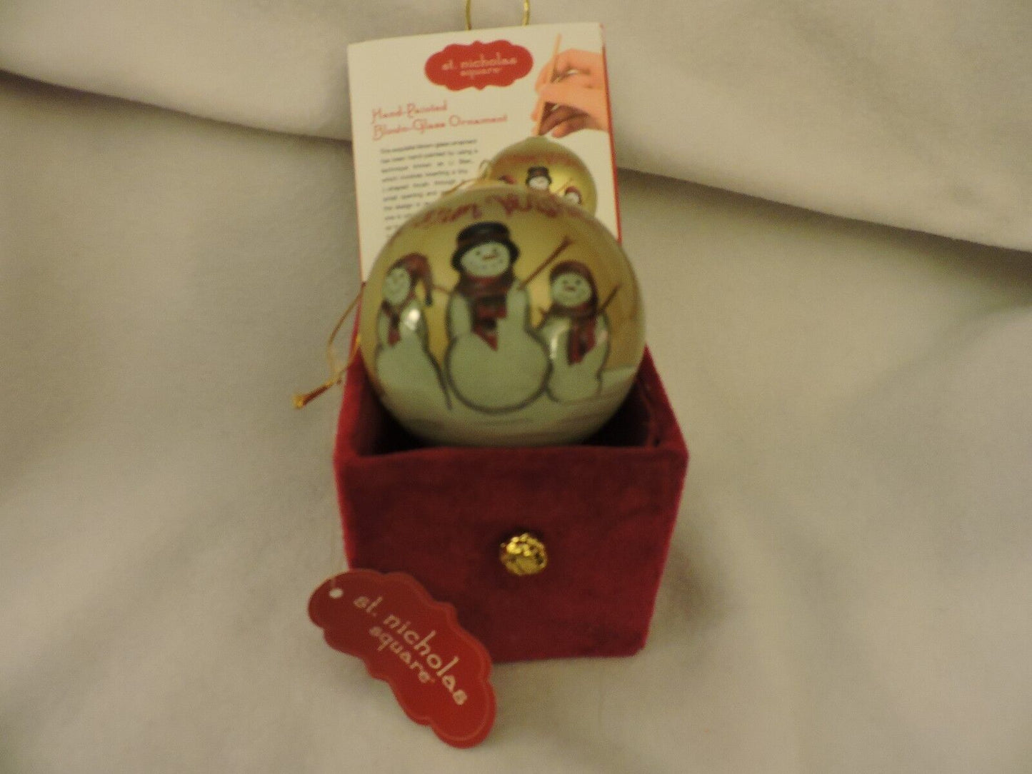 Hand Painted (In Reverse) St. Nicholas Square Snowmen Glass Ornament