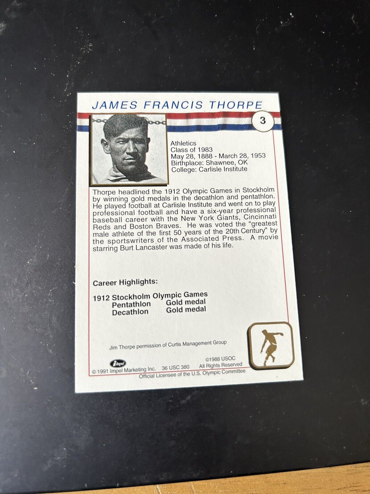 "James Thorpe" 1912 Olympics Gold Medal Winner: Pentathlon & Decathlon Card