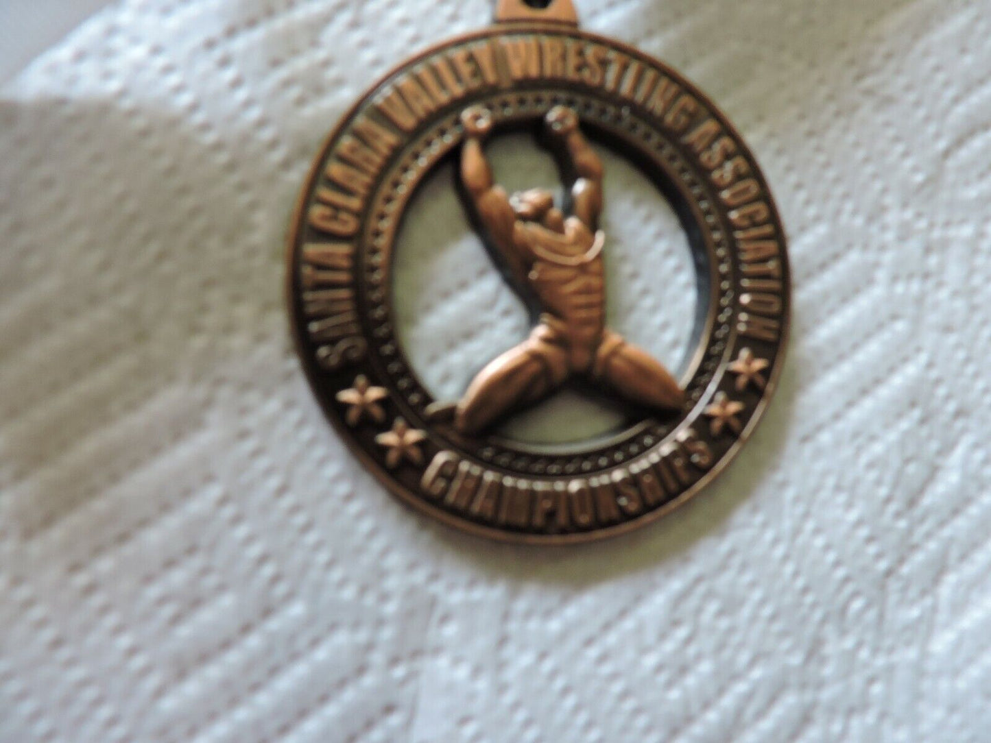 SANTA CLARA VALLEY  WRESTING ASSOCIATION CHAMPSHIP ROUND MEDAL ON WHITE RIBBON