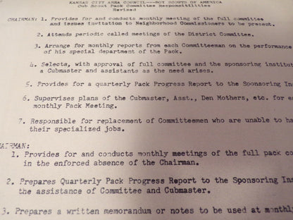 Vintage 1960s Cub Scout Pack: Committee Responsibilities Copies