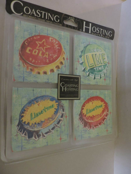 Package of 4 "Coasting and Hosting" Ceramic Coasters: "Cola Themed"