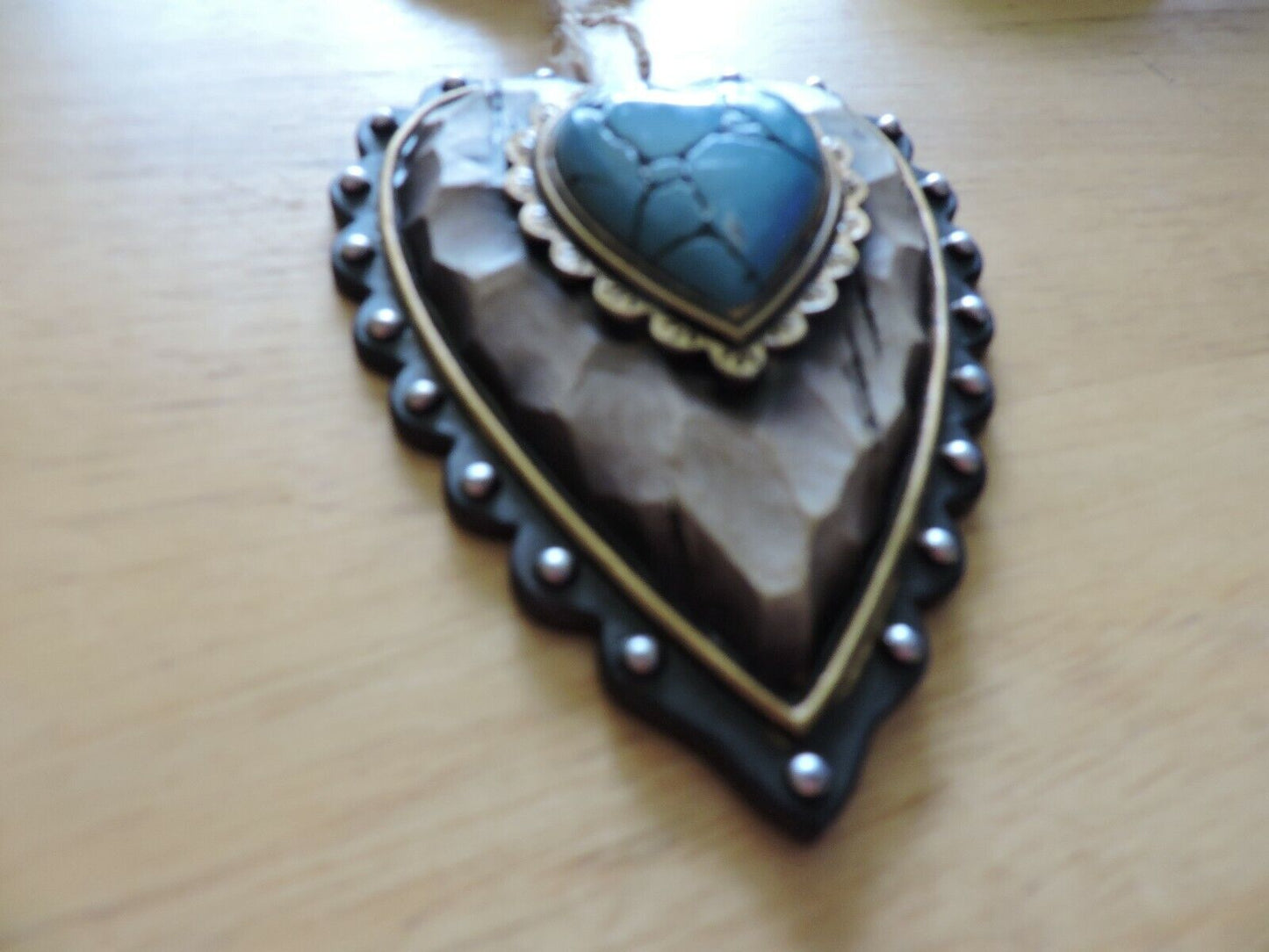 WOOD HEART SHAPE ORNAMENT WITH TURQUOISE HEART SHAPE STONE 4X3 INCHES  2014