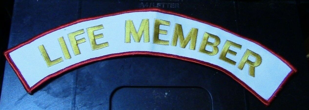 Life Member Vest Patch (Rocker-Gold Letters/Red Outline) 9" Long X 1 3/4" Wide