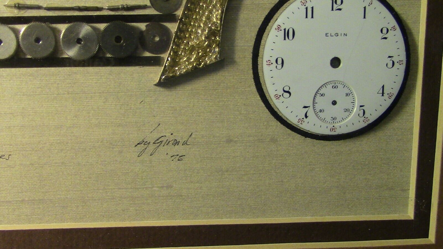 Framed/Signed Clock/Watch Art: Using Elgin Watch Parts/Olds13 1/2" X 16 1/2"