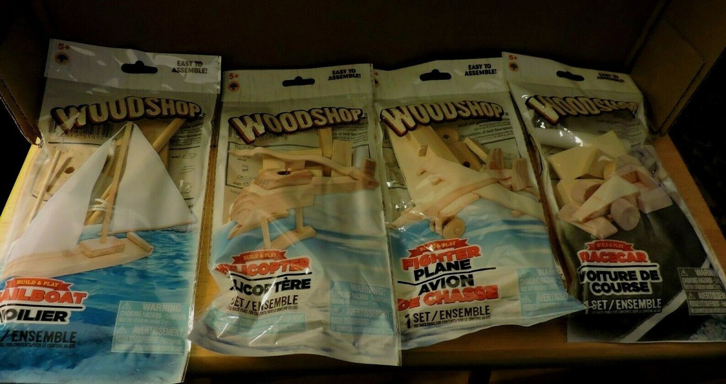 WOODSHOP  SAILBOAT, HELICOPTER, PLANE, RACECAR MODELS SET OF 4: NEW IN PACKAGES