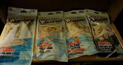 WOODSHOP  SAILBOAT, HELICOPTER, PLANE, RACECAR MODELS SET OF 4: NEW IN PACKAGES