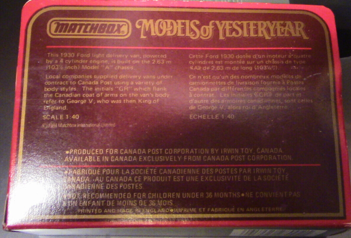 Matchbook Models of Yesterday 1930 Model A Ford Van (Y22) "POSTES CANADA POST"