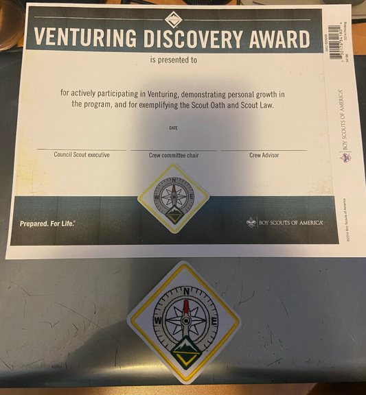 BSA Venturing Program: Discovery Rank Patch & Certificate Set